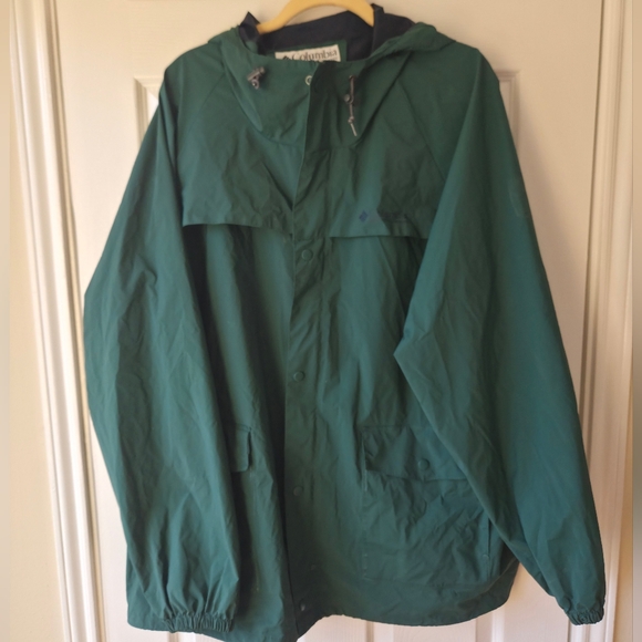 Vintage Columbia Men's Waxed Rain Jacket 2XL Green Hooded PVC Nylon Lined - Picture 1 of 15